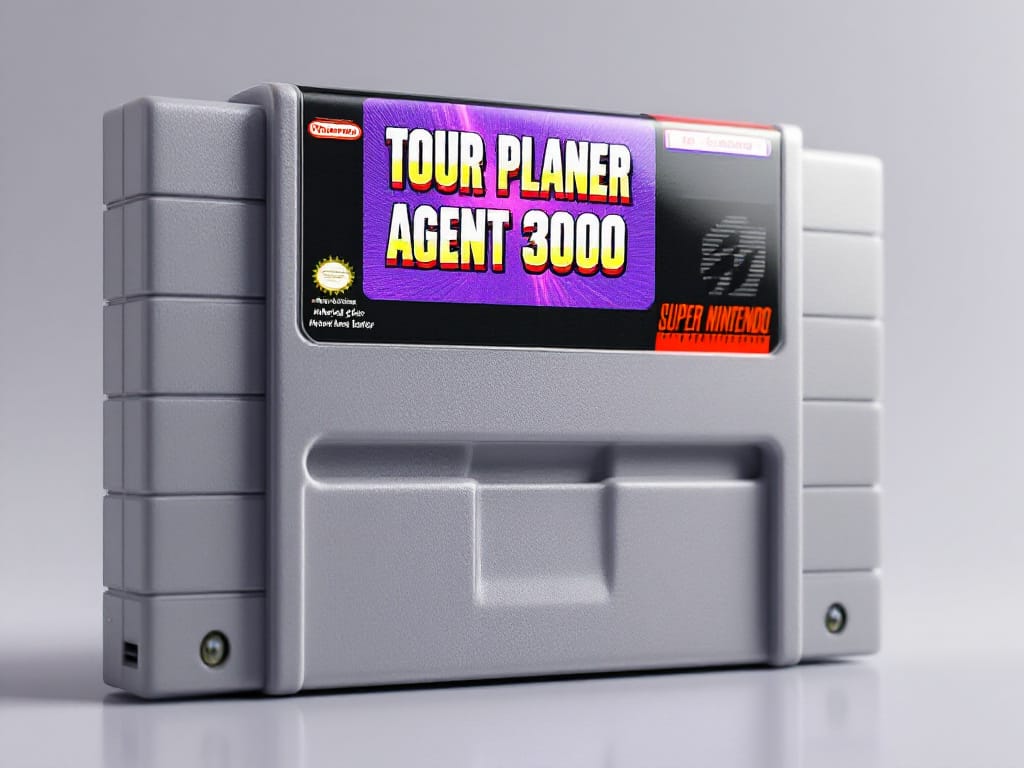 SNES-Cartridge in klassischem Grau mit lila Etikett. Das Etikett zeigt den Text "Tour Planer Agent 3000" in fettem, retro-weißen und gelben Schriftzug. Die Cartridge ist leicht nach rechts geneigt, mit subtiler Reflexion auf der Kunststoffoberfläche. Neutraler, sauberer Hintergrund.